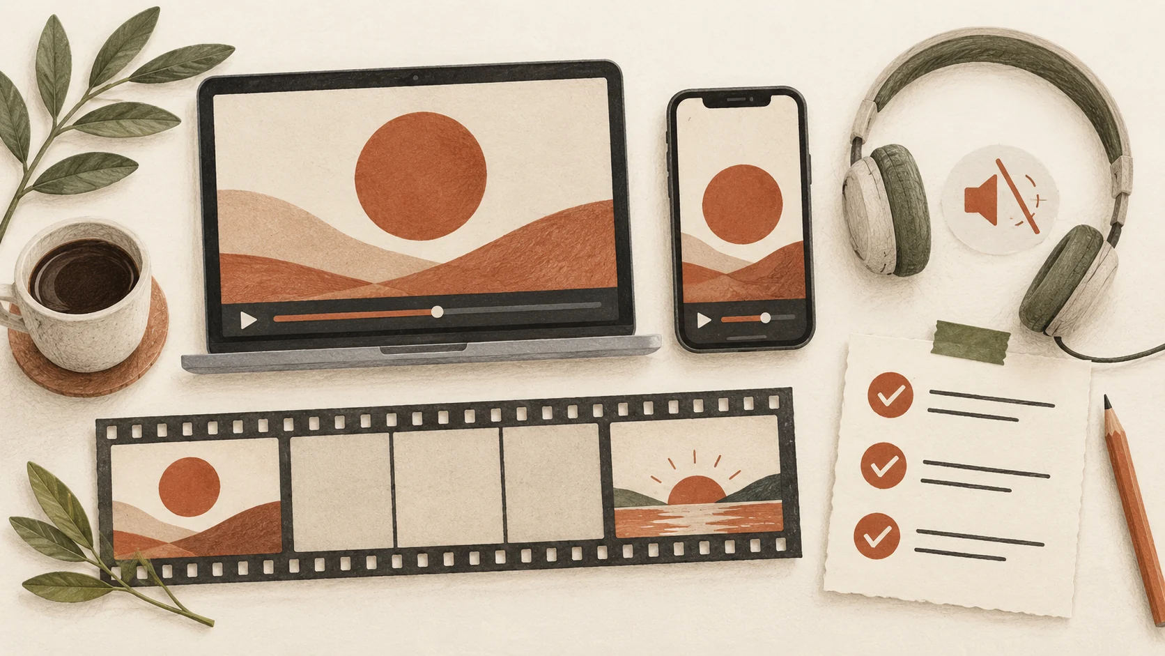 Conceptual illustration of desktop and phone playback, a filmstrip, headphones, and an export checklist
