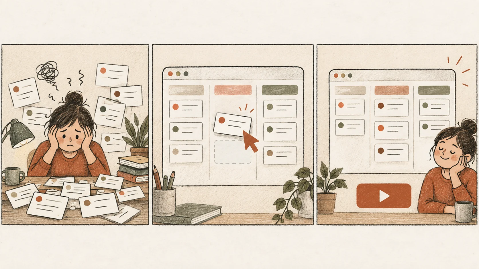 Three illustrated storyboard panels showing scattered tasks, an organized board, and a clear outcome