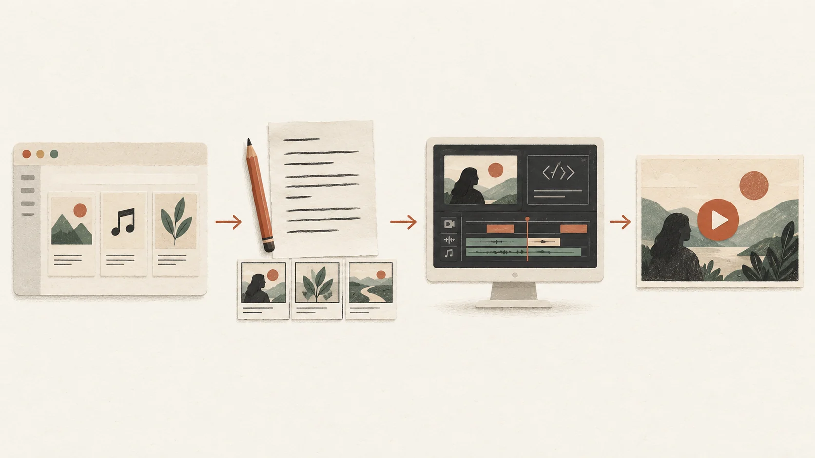 Conceptual sequence showing product assets, script and storyboard, production tools, and a finished video frame